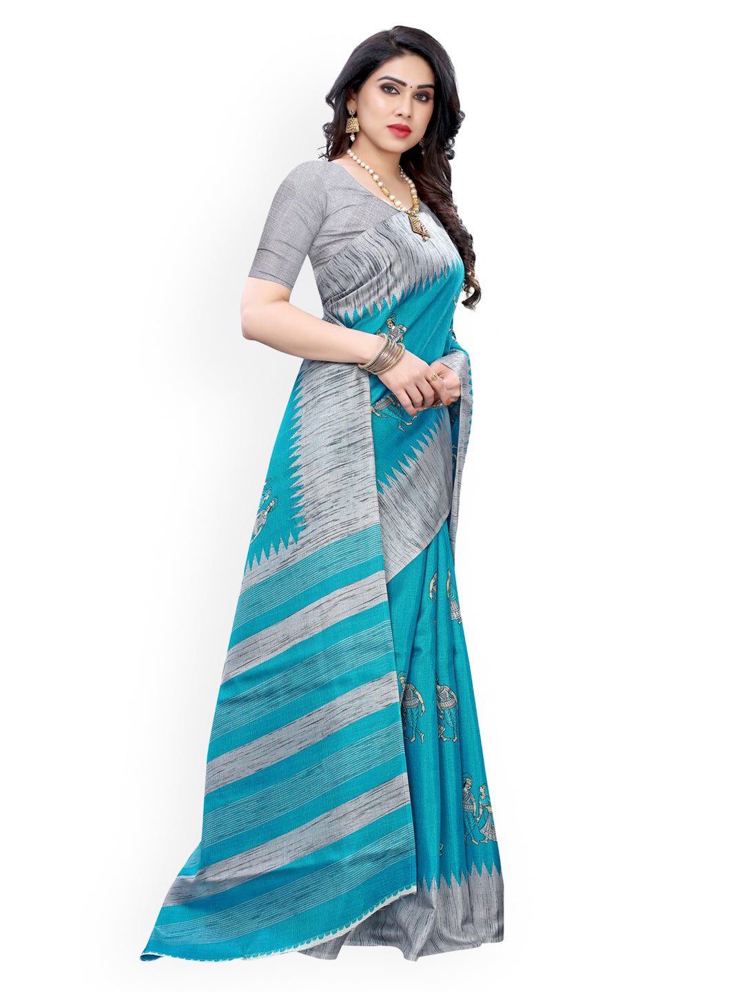 Kalini Blue & Grey Art Silk Printed Khadi Saree - Distacart