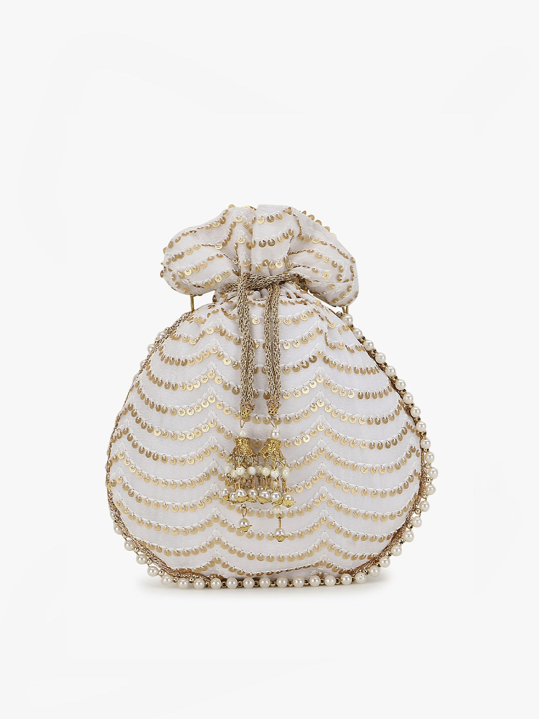 Anekaant Off White & Gold-Toned Embellished Tasselled Potli Clutch - Distacart