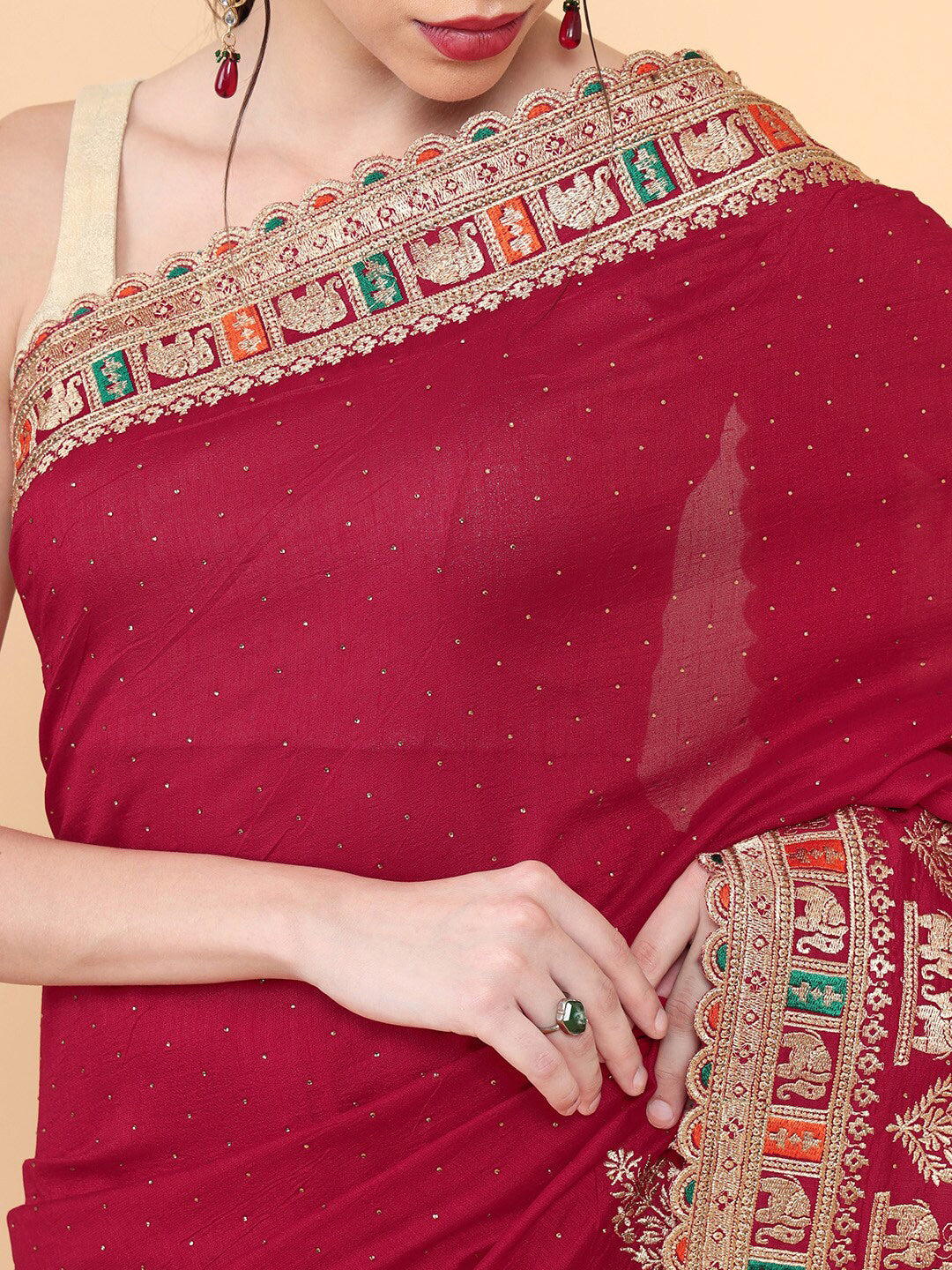 Soch Red & Gold-Toned Embroidered Silk Blend Tussar Saree - Distacart