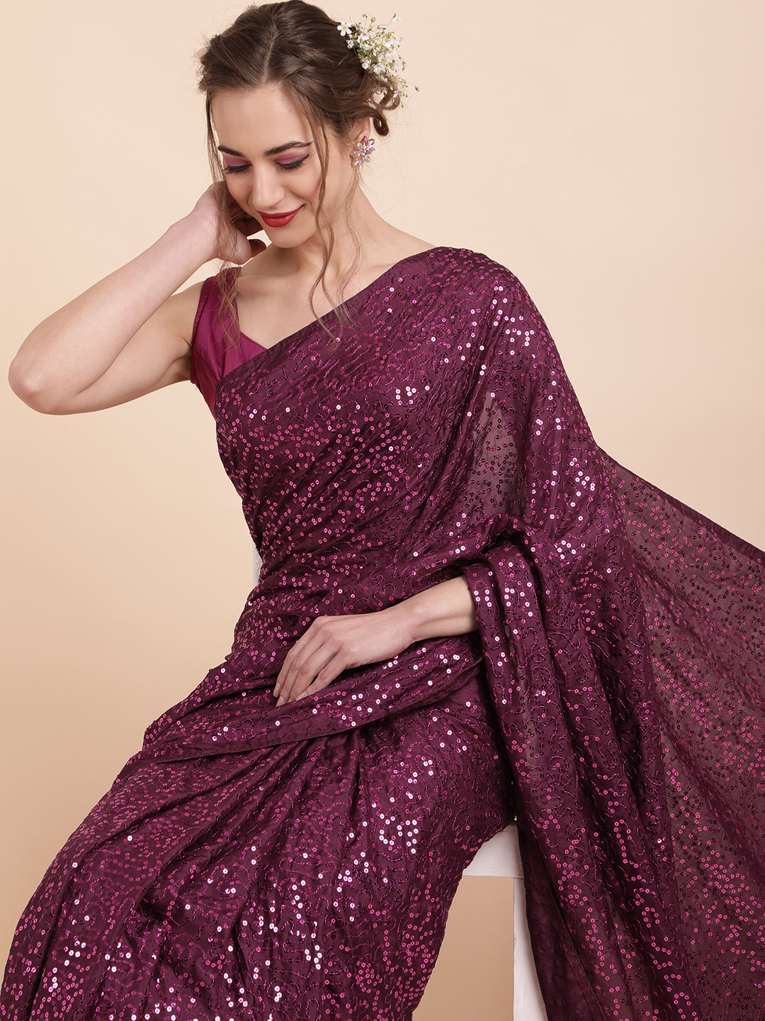 Sangria Burgundy Embellished Sequinned Pure Georgette Saree - Distacart