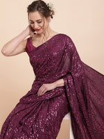 Thumbnail for Sangria Burgundy Embellished Sequinned Pure Georgette Saree - Distacart