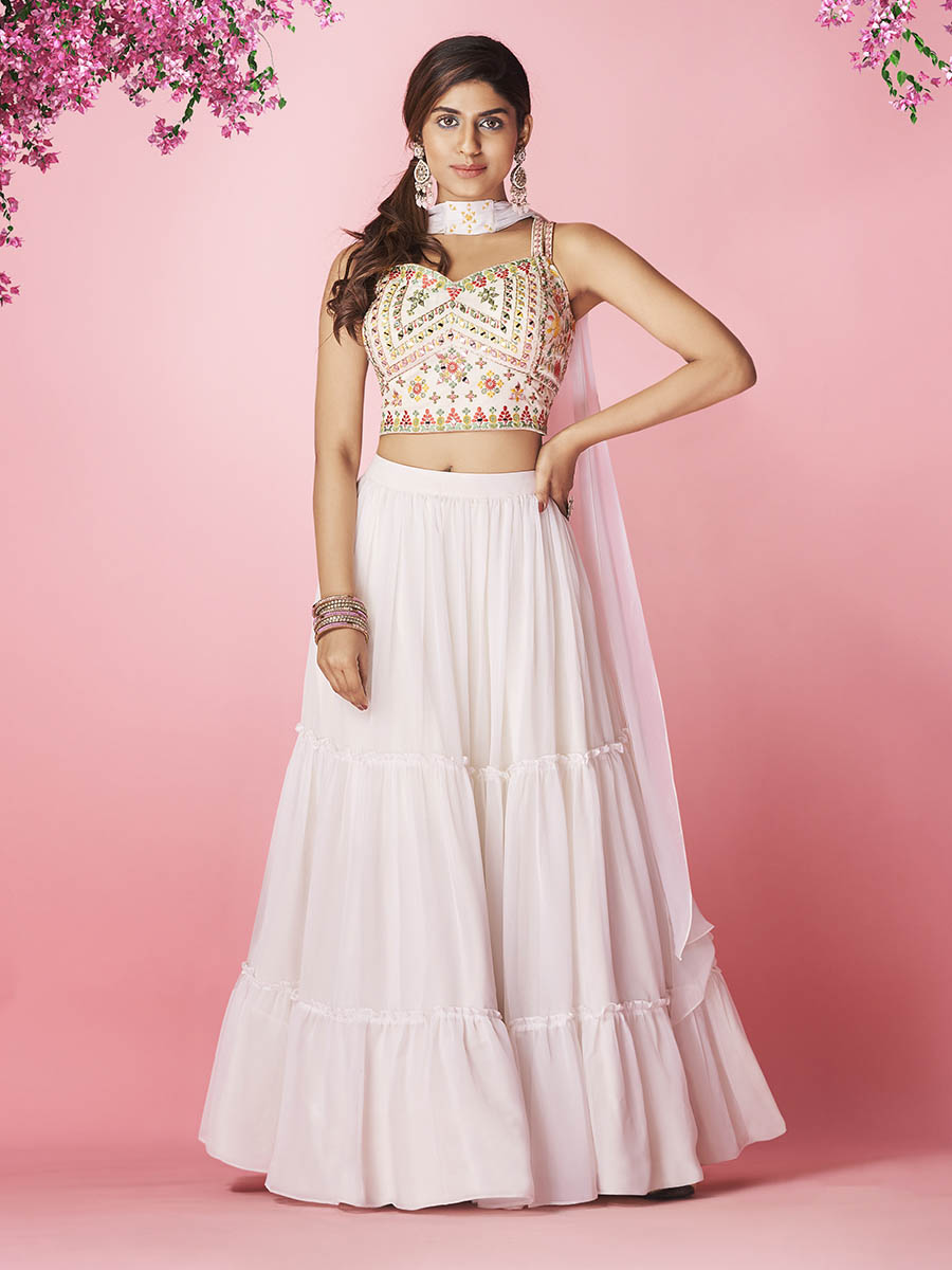 Myra White Georgette Designer Lehenga - Distacart