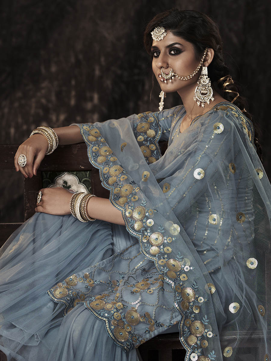 Myra Grey Net Embroidered Sharara Suit - Distacart