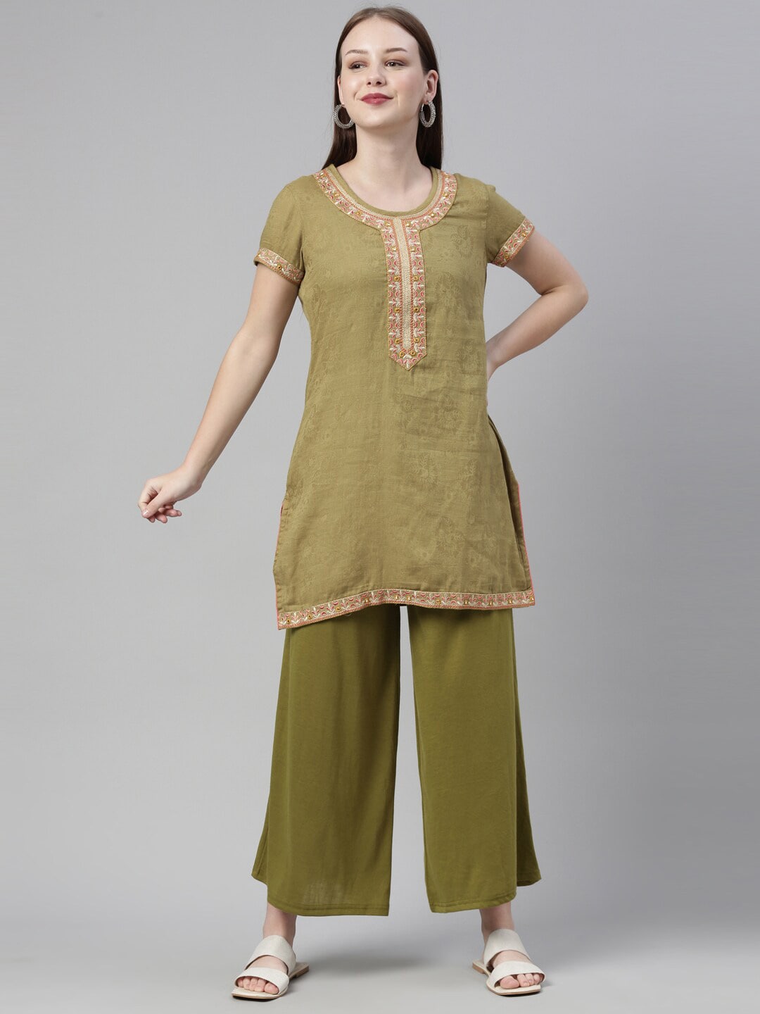 Souchii Olive Green Knitted Ethnic Palazzos - Distacart
