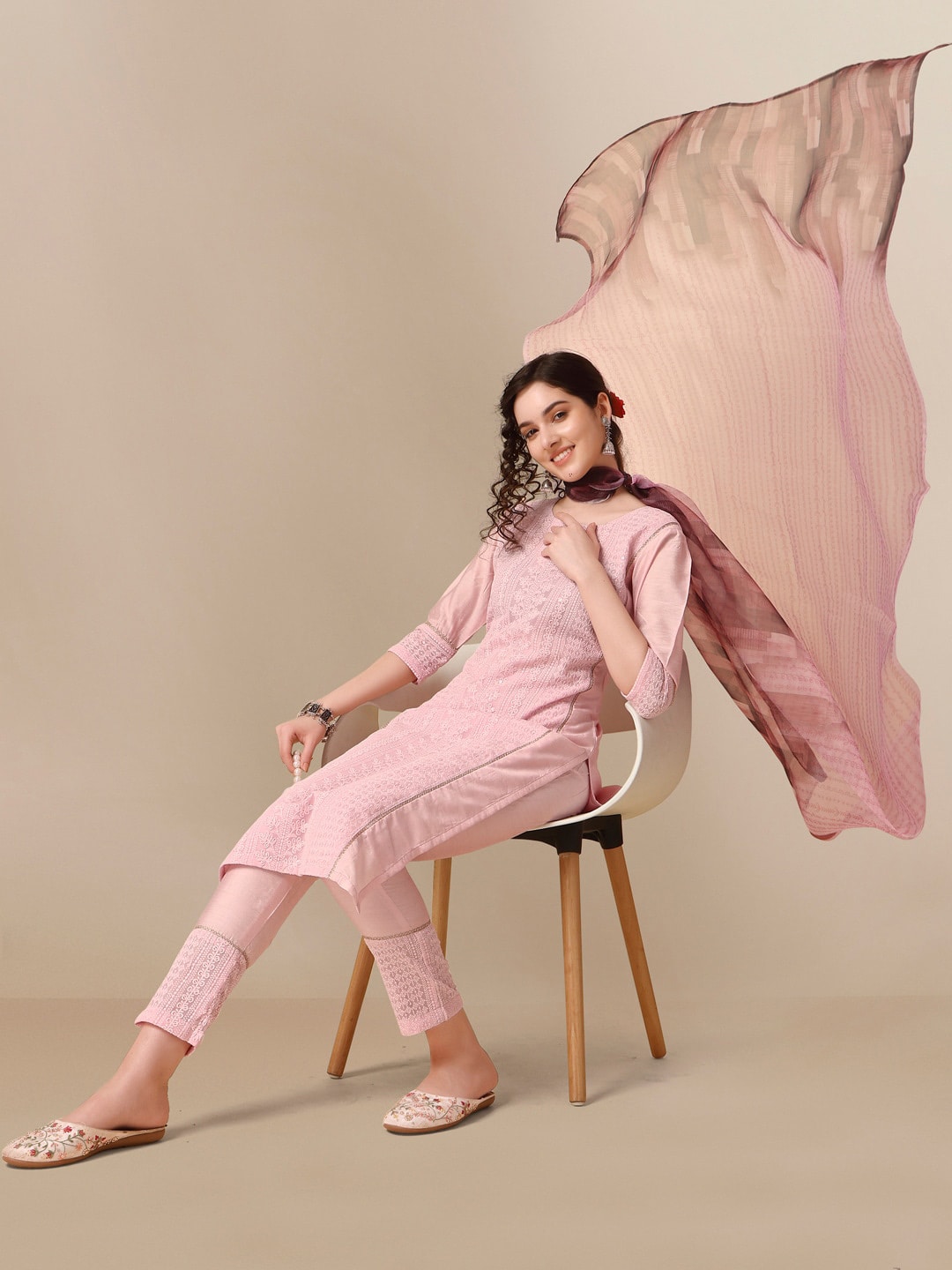 HERE&NOW Lucknowi Chikankari Schiffli Chanderi Silk Kurta Trousers with Organza Dupatta - Distacart