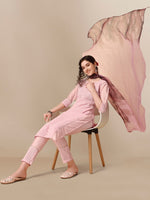 Thumbnail for HERE&NOW Lucknowi Chikankari Schiffli Chanderi Silk Kurta Trousers with Organza Dupatta - Distacart