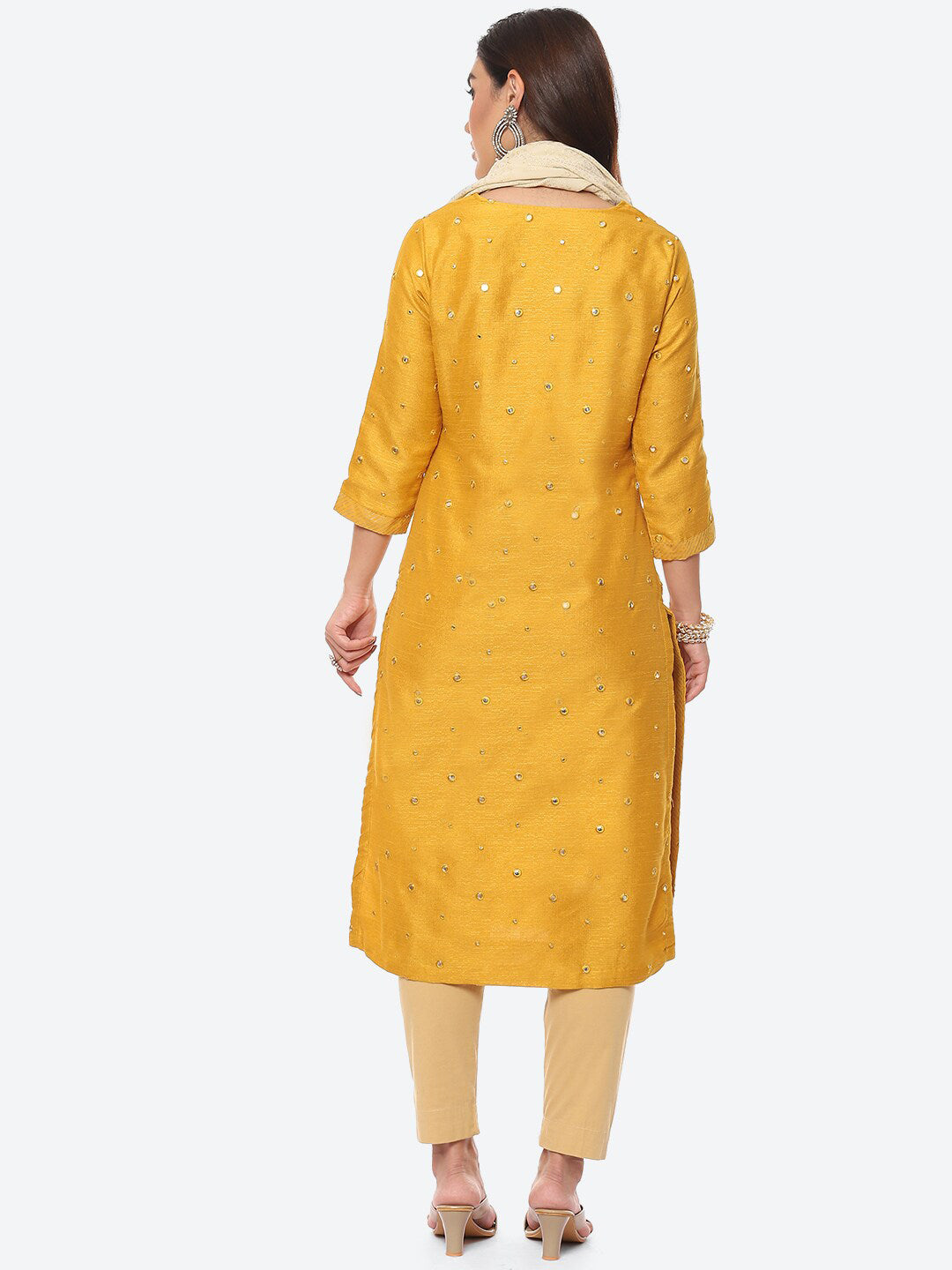 Biba Women Yellow Embellished Mirror Work Straight Fit Art Silk Kurta with Dupatta - Distacart