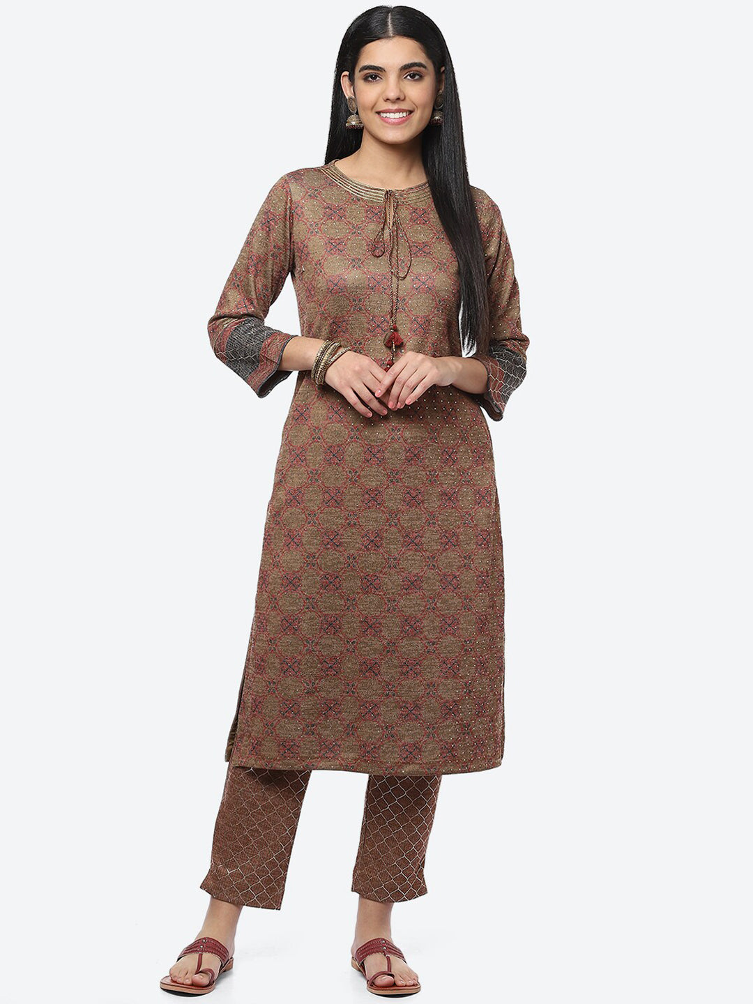 Biba Women Ethnic Motifs Printed Sequinned Kurta with Trousers - Distacart