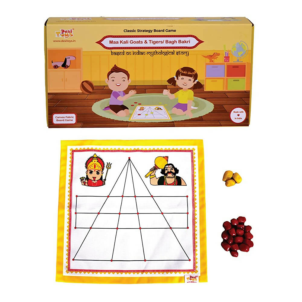 Desi Toys Maa Kali Goats & Tigers/Bagh Bakri, Classic Strategy Board Game with Canvas Fabric Board, Based on Indian Mythological Story - Distacart