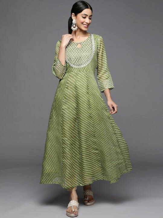 Varanga Women Green & White Leheriya Embroidered Indie Prints Anarkali Kurta - Distacart