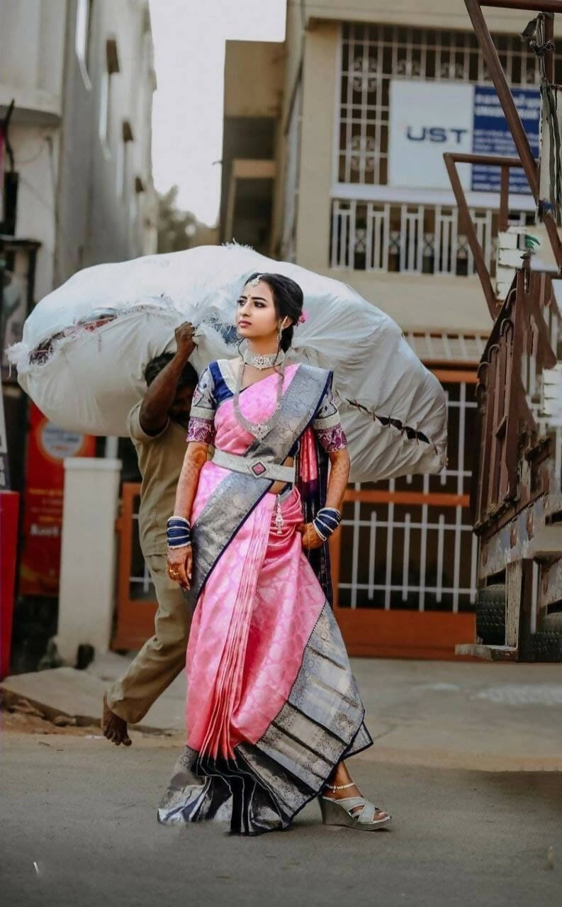 DEIANA'S Beautiful Golden Jari with New Design Soft Lichi Silk Saree - Light Pink - Distacart