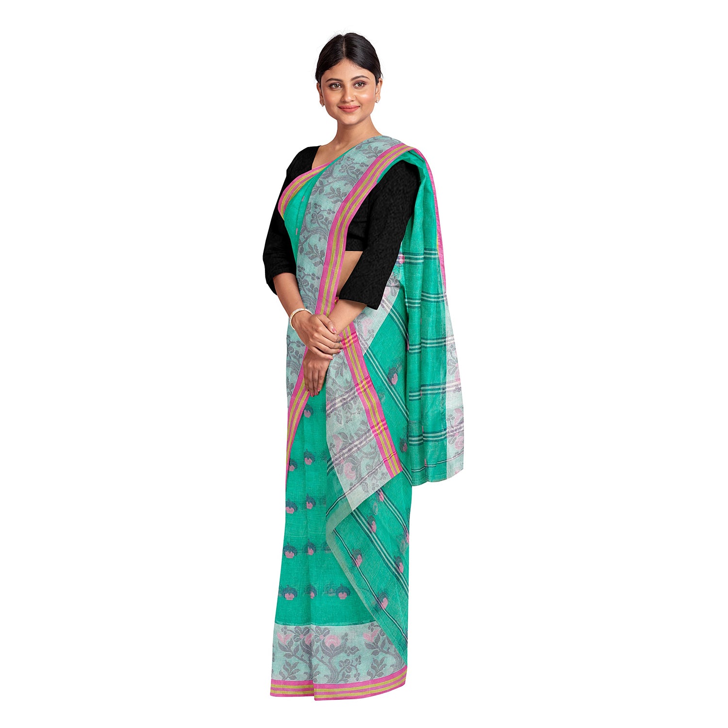 Exclusive Collection 100% Pure Cotton Green Tant Saree With Hand Weaving Work - Distacart