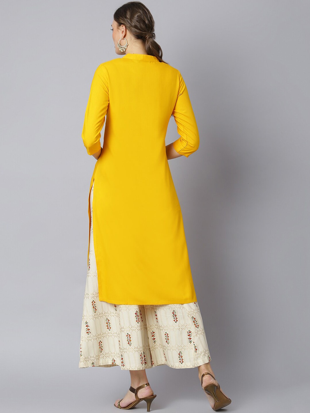 Khushal K Women Yellow Floral Rayon Kurta with Palazzos - Distacart