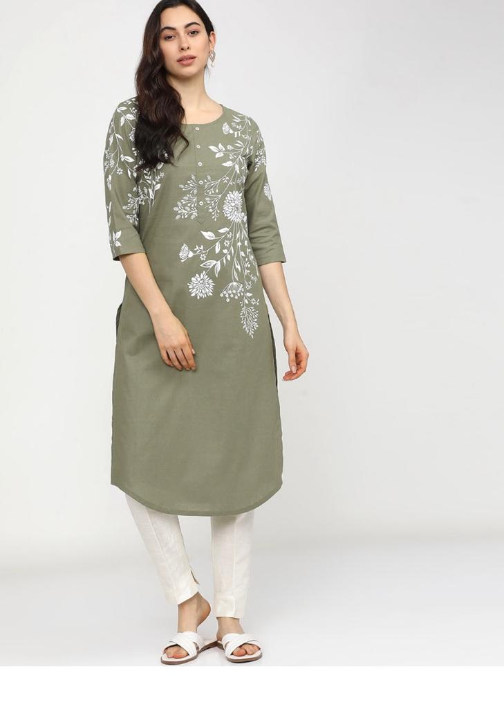 Maai Rayon Hand Printed Kurta Green - Distacart