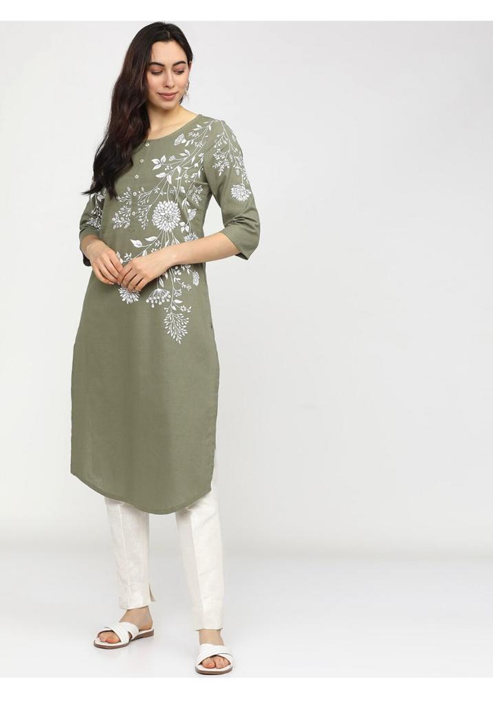 Maai Rayon Hand Printed Kurta Green - Distacart