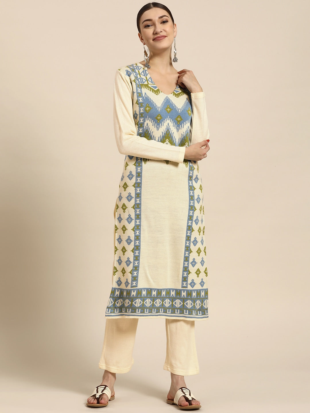 Sangria Women Off White Ethnic Motifs Self Design Winter Kurta with Trousers - Distacart