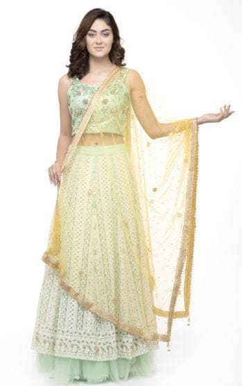 A R Silk Women's Net Net Chandna Handwork With Moti Laish Yellow Fancy Dupatta