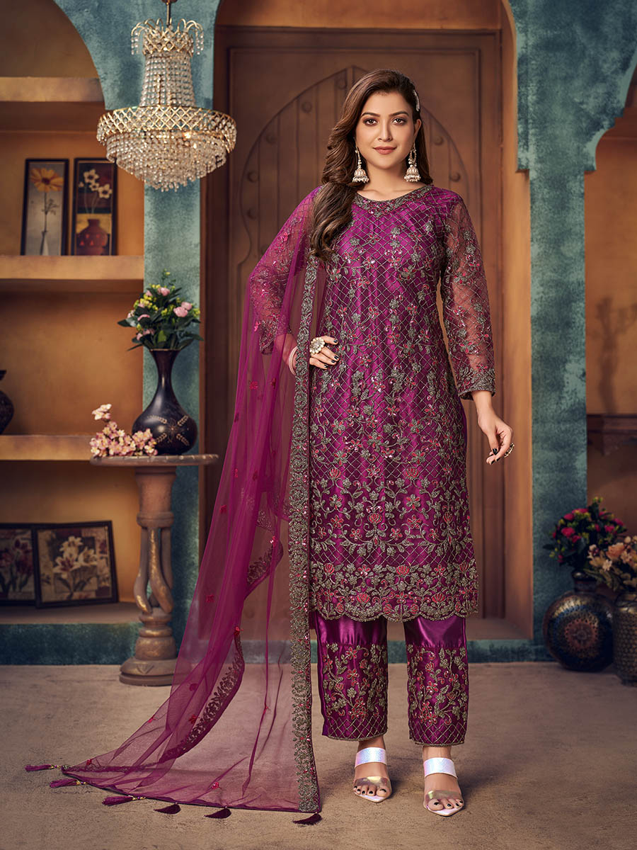 Myra Wine Heavy Embroidered Pant Style Suit - Distacart