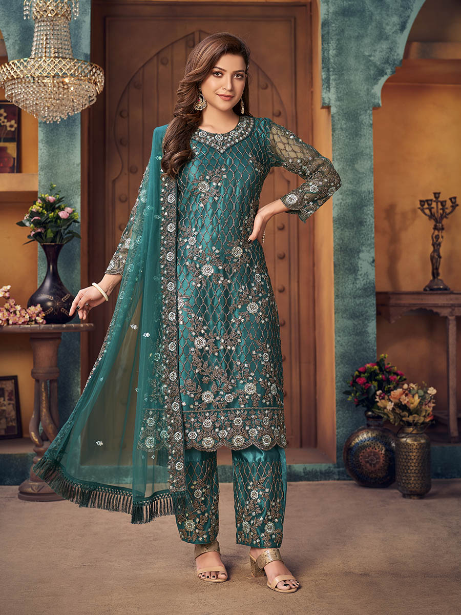 Myra Rama Green Heavy Embroidered Pant Style Suit - Distacart