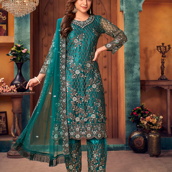 Myra Rama Green Heavy Embroidered Pant Style Suit - Distacart