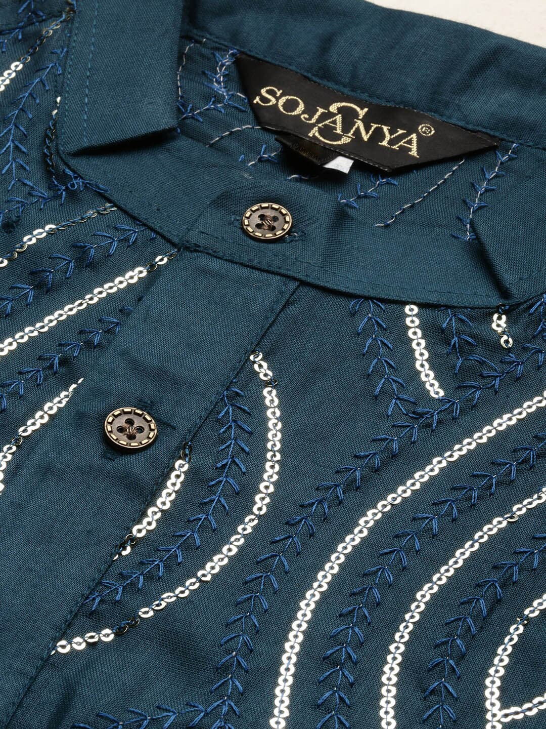 Sojanya Ethnic Motif Embroidered Band Collar Sequinned Pure Cotton Kurta - Distacart