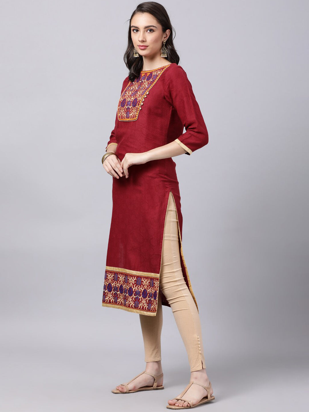 Souchii Maroon & Yellow Thread Work Grandeur & Majestic Artwork Cotton Kurta - Distacart