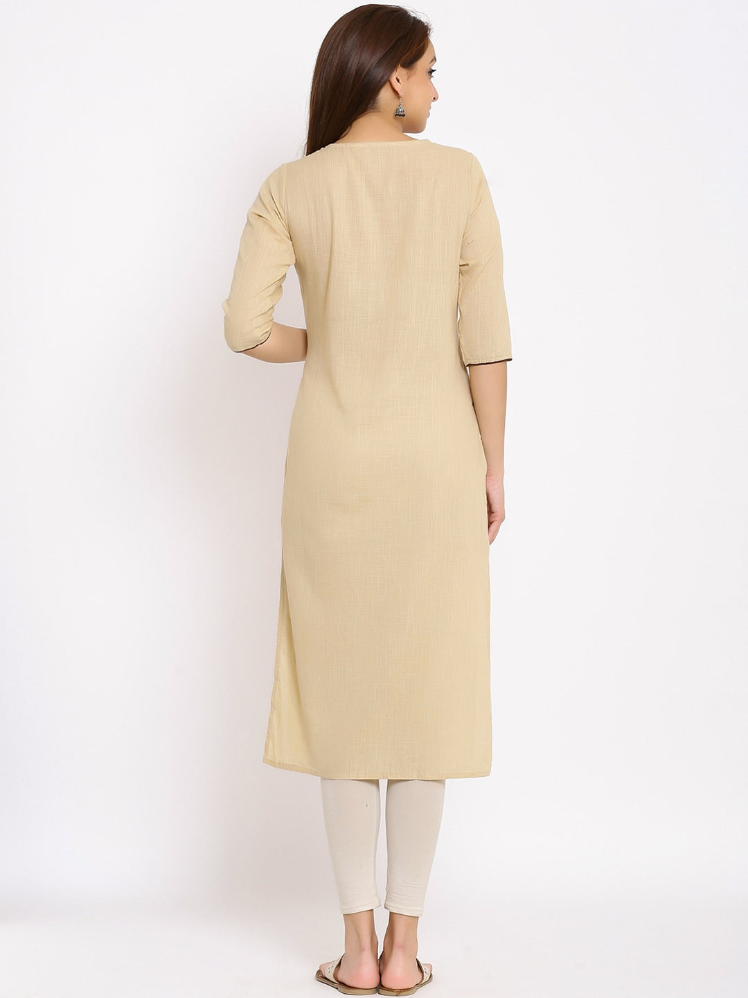 HERE&NOW Beige Geometric Yoke Design Thread Work Kurta - Distacart