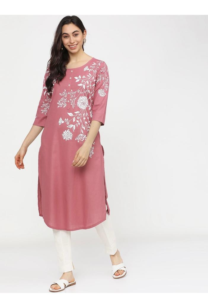 Maai Rayon Hand Printed Kurta Pink - Distacart