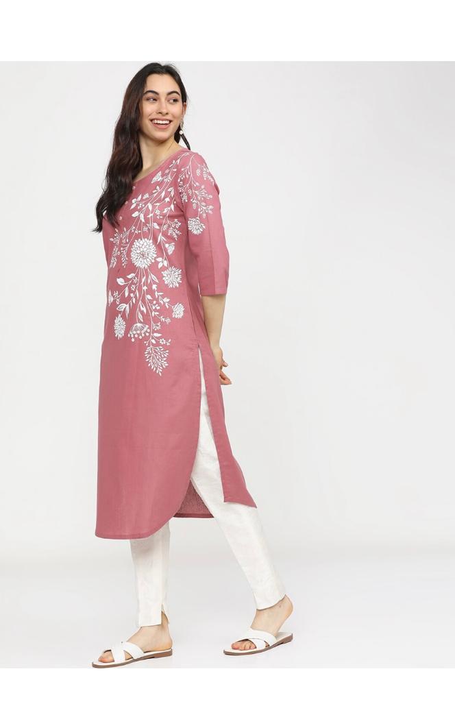 Maai Rayon Hand Printed Kurta Pink - Distacart