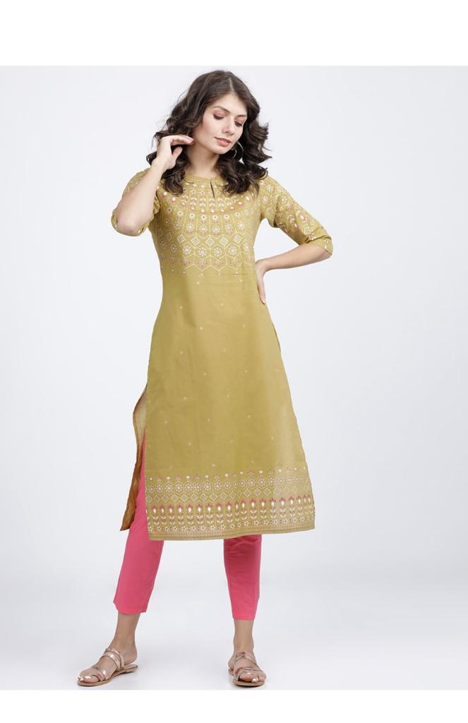 Maai Rayon Hand Printed Kurta Mustard - Distacart