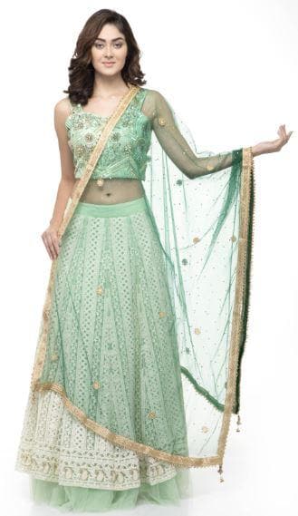 A R Silk Women's Net Net Chandna Handwork With Moti Laish Bottle Green Fancy Dupatta