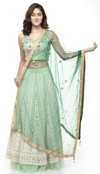 Thumbnail for A R Silk Women's Net Net Chandna Handwork With Moti Laish Bottle Green Fancy Dupatta
