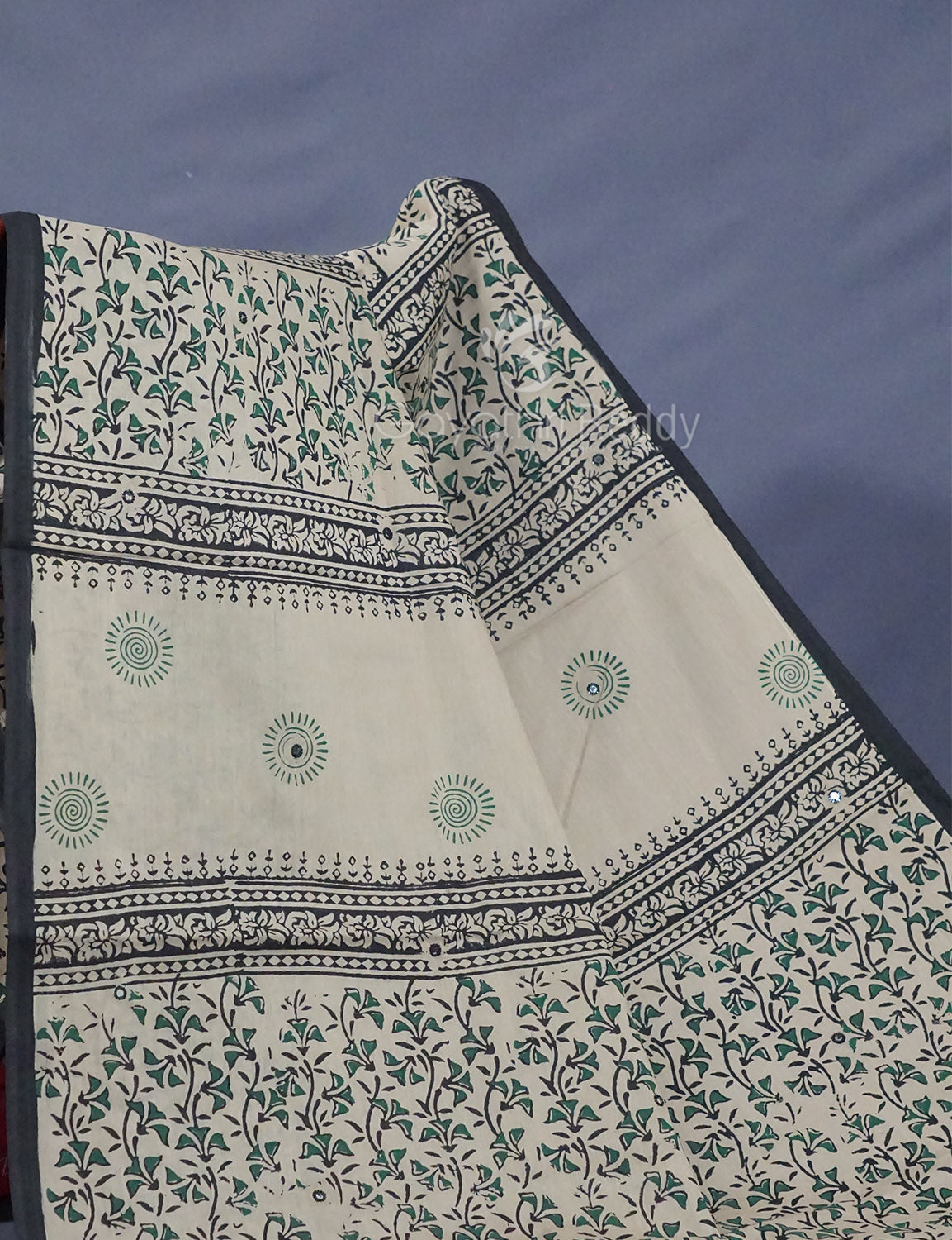 Light Olive Mix Grey Colour Block Print With Mirron Embroidered Pure Mulmul Cotton Saree By Gayathri Reddy Designer Studio - Distacart