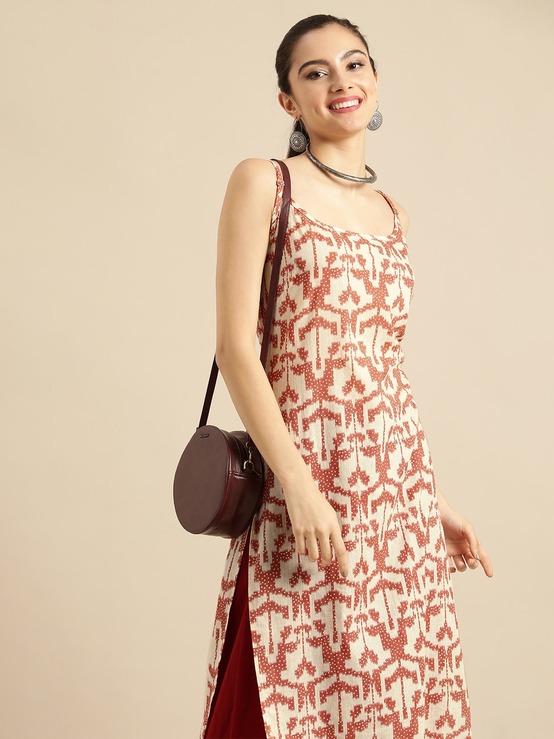 Sangria Women White & Rust Red Printed Cotton Kurta - Distacart