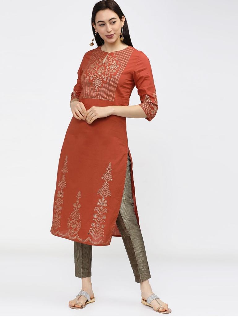 Maai Rayon Hand Printed Kurta Orange - Distacart