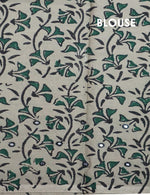Thumbnail for Light Olive Mix Grey Colour Block Print With Mirron Embroidered Pure Mulmul Cotton Saree By Gayathri Reddy Designer Studio - Distacart