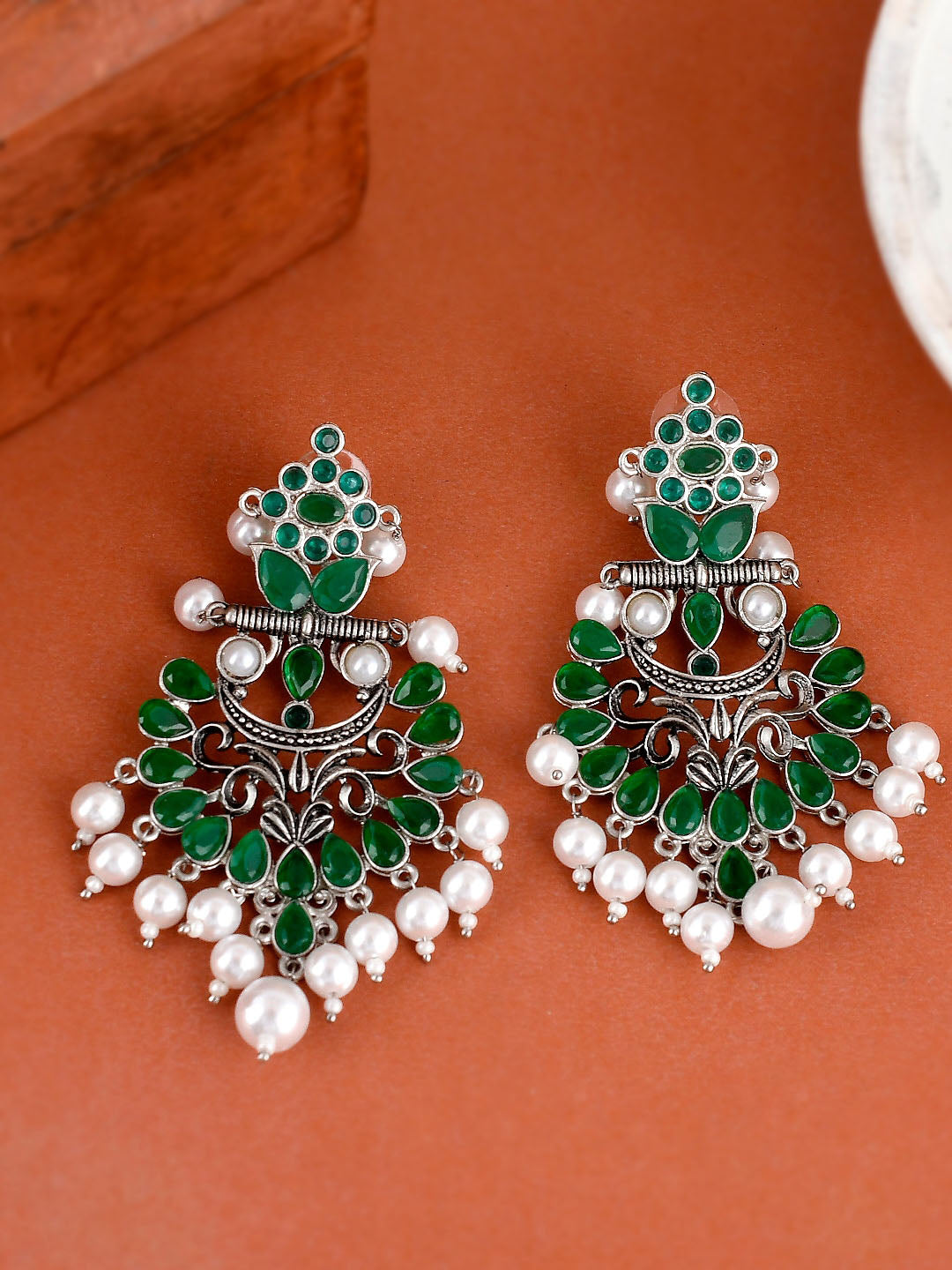 Shoshaa Silver-Plated Green Handcrafted Drop Earrings With Pearl - Distacart