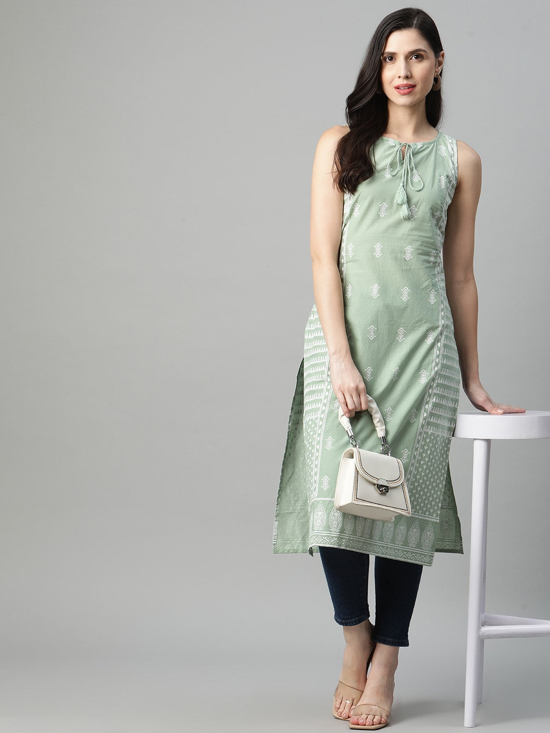 HERE&NOW Women Sea Green & White Ethnic Motifs Printed Tie-Up Neck Kurta - Distacart
