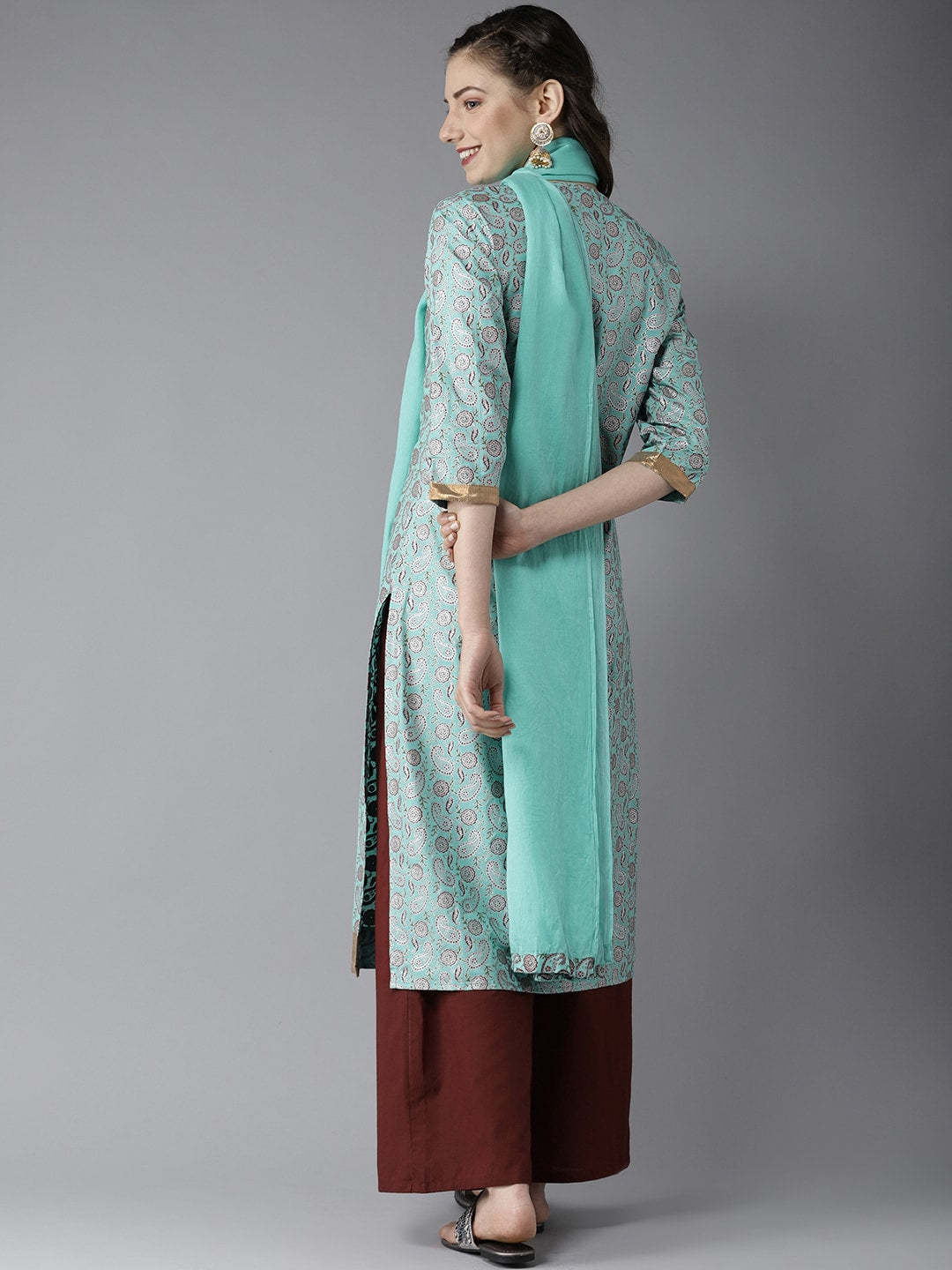 HERE&NOW Women Blue & Brown Printed Kurta with Palazzos & Dupatta - Distacart