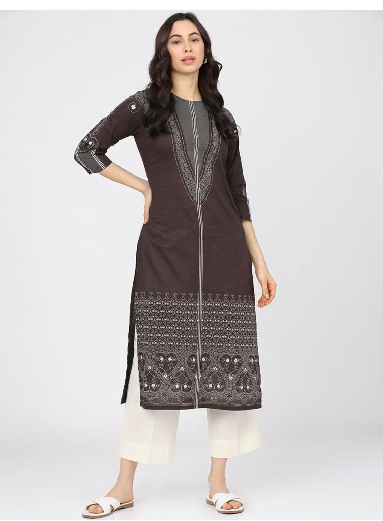 Maai Rayon Hand Printed Kurta Brown - Distacart