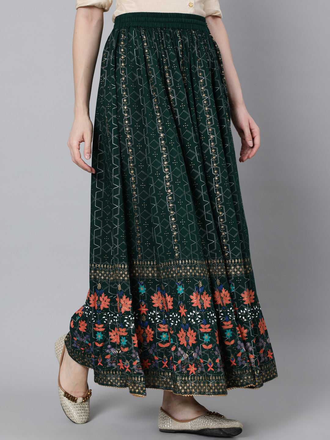 Jaipur Kurti Women Green & Peach-Coloured Floral Khadi Printed Flared Maxi Skirt - Distacart