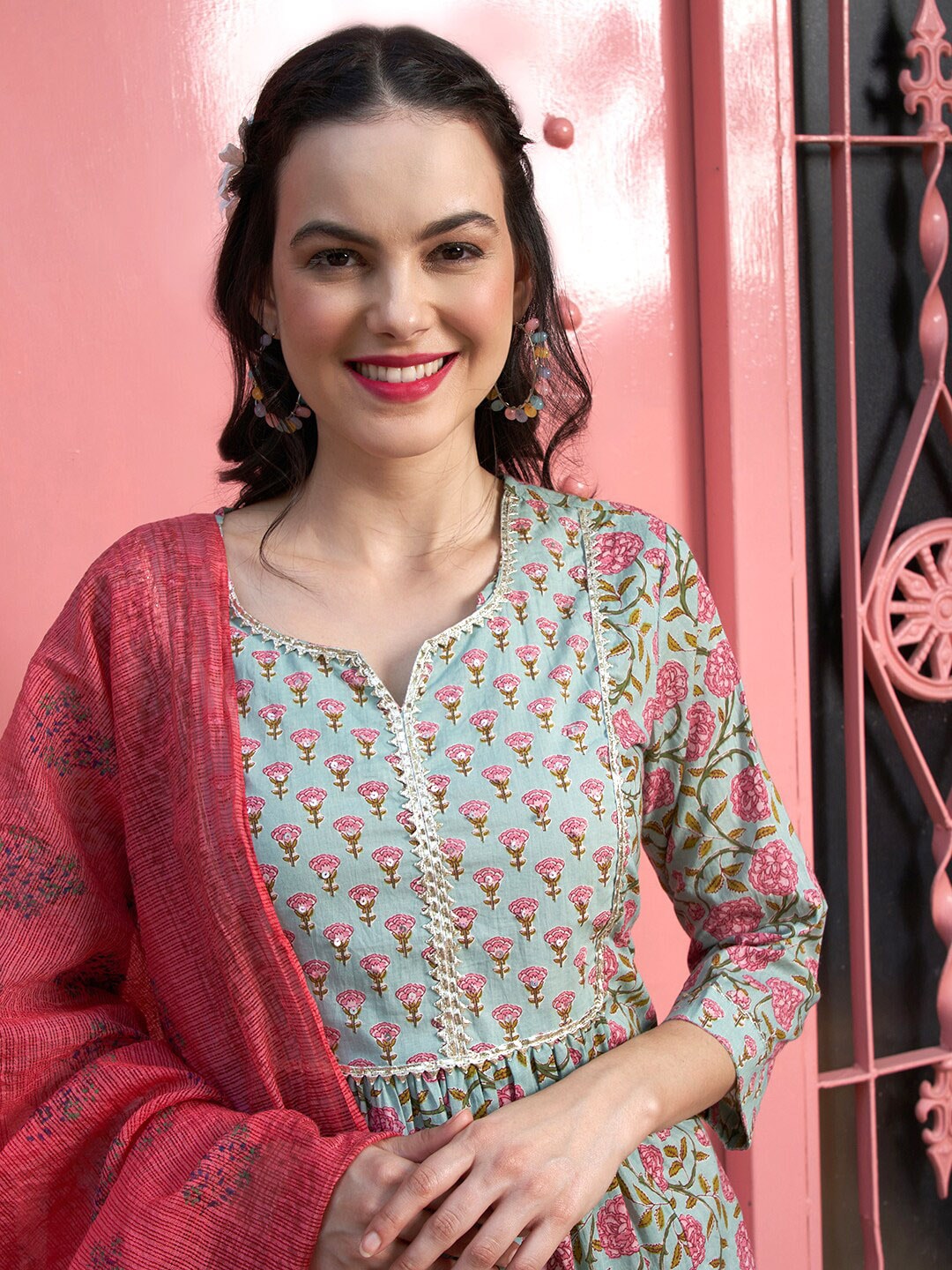 Sangria Sea Green Floral Printed Pure Cotton Kurta with Palazzos & Dupatta - Distacart