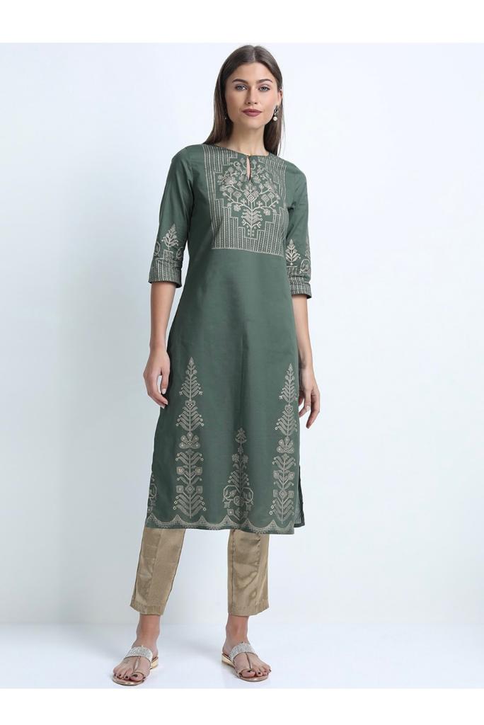Maai Rayon Hand Printed Kurta Green - Distacart
