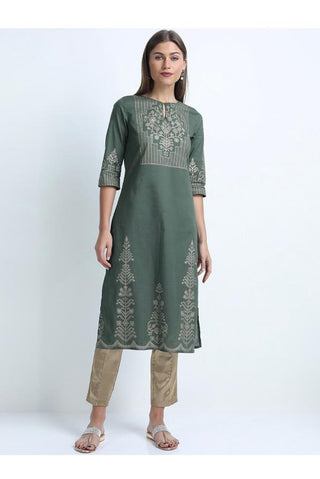 Maai Rayon Hand Printed Kurta Green - Distacart