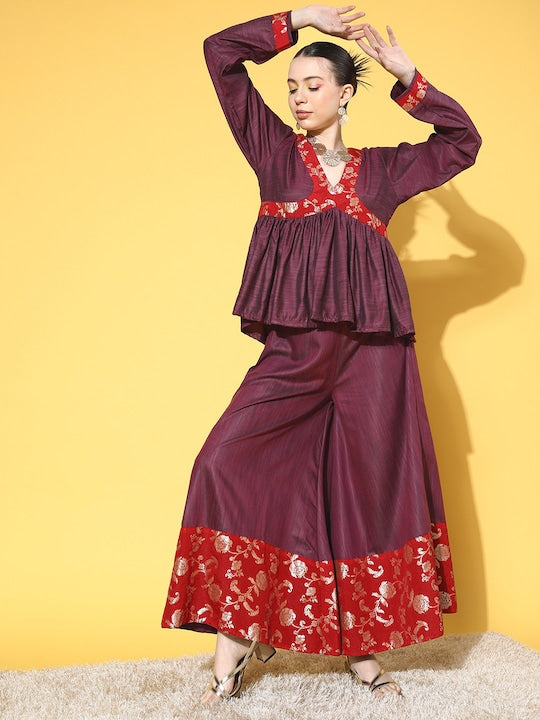 InWeave Women's Wine Red Brocade Mughal Shaan Kurta Palazzo Set - Distacart