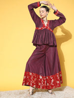 Thumbnail for InWeave Women's Wine Red Brocade Mughal Shaan Kurta Palazzo Set - Distacart