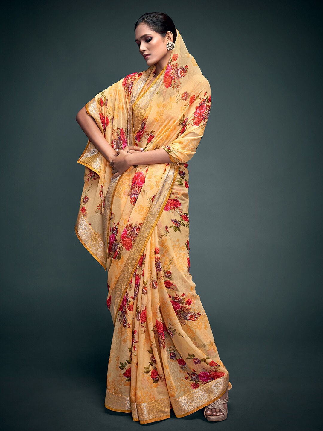Saree Mall Yellow & Gold-Toned Floral Pure Georgette Banarasi Saree - Distacart