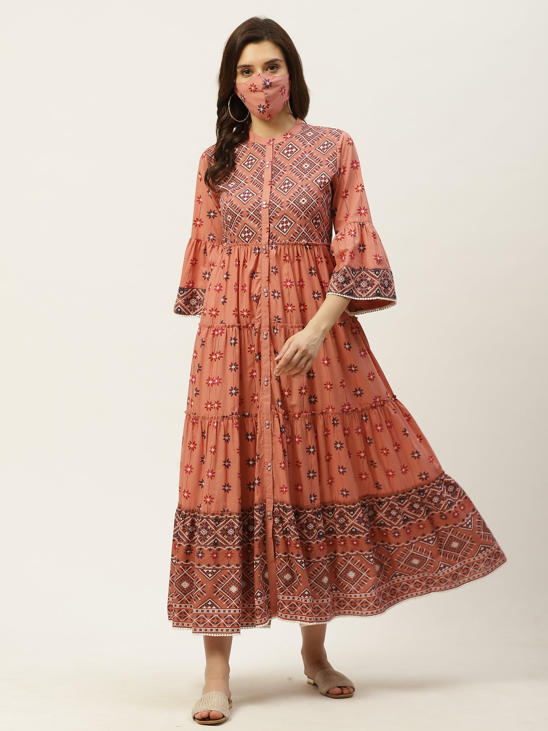 Juniper Womens Peach Cambric Printed Tiered Maxi Dress - Distacart