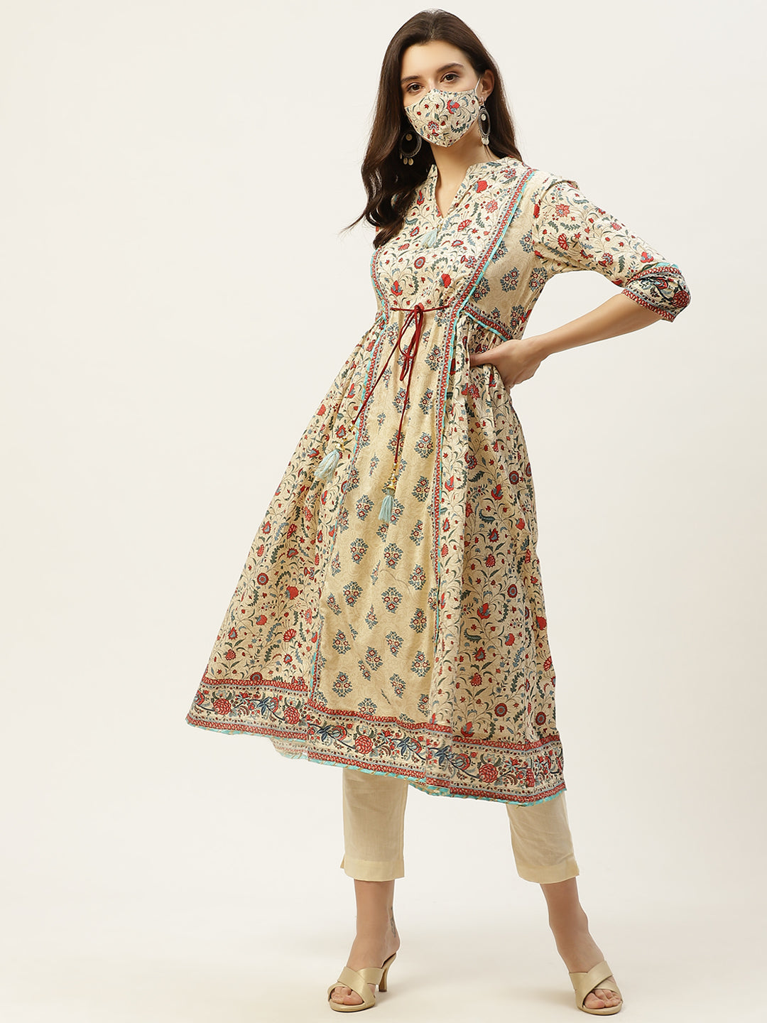 Juniper Womens Beige Cambric Printed Flared Kurta - Distacart