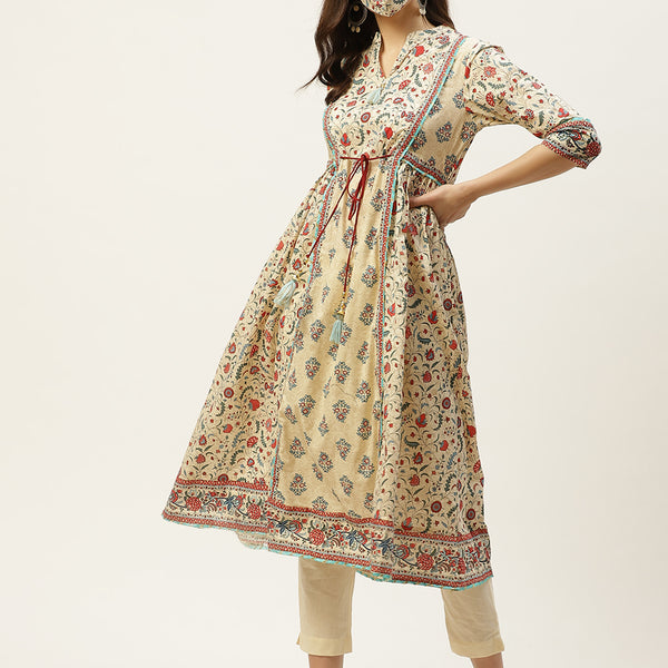Juniper Womens Beige Cambric Printed Flared Kurta - Distacart